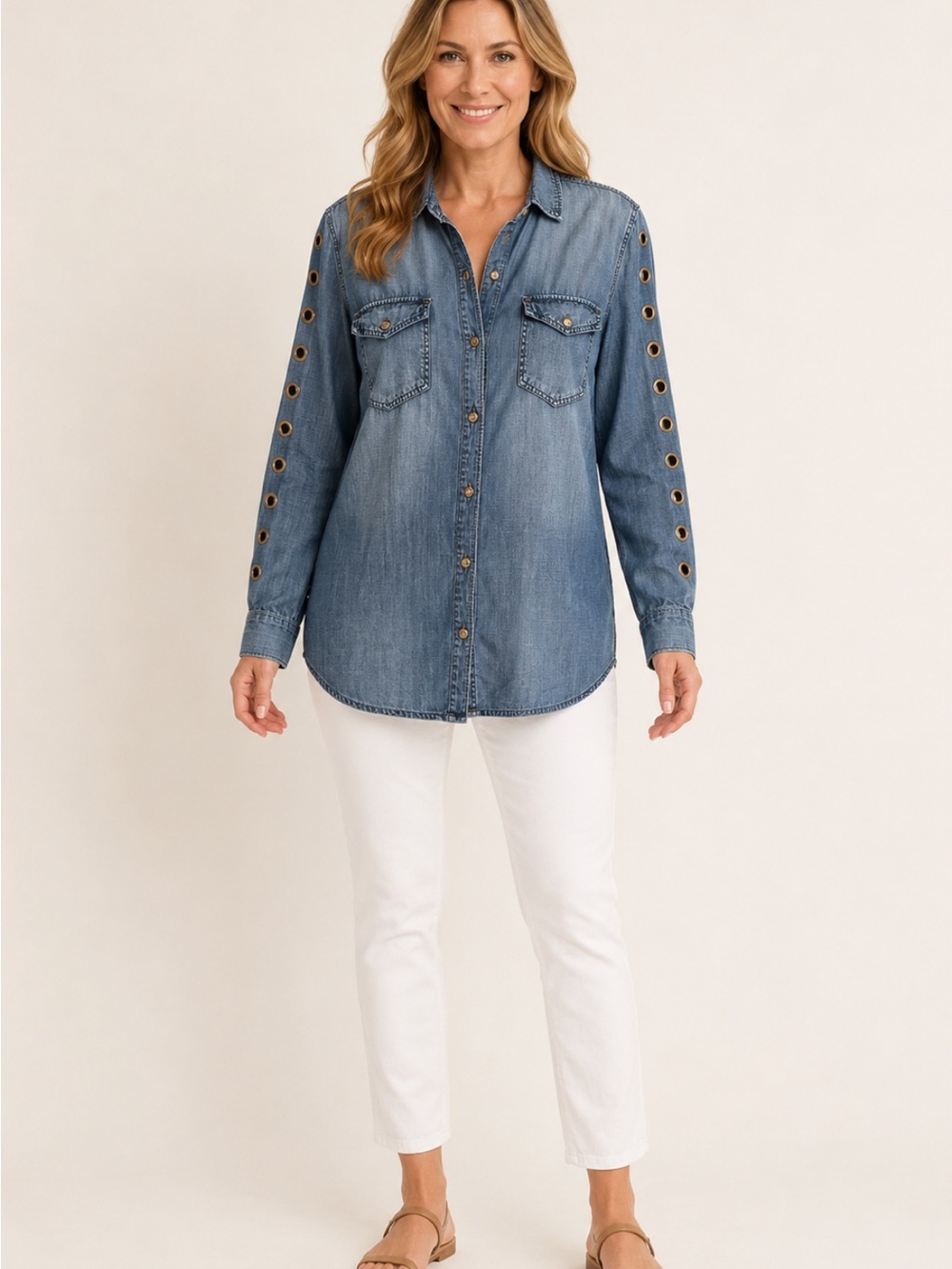 Jessica Simpson Blue Denim Tunic Shirt with Grommet-Sleeve Detail